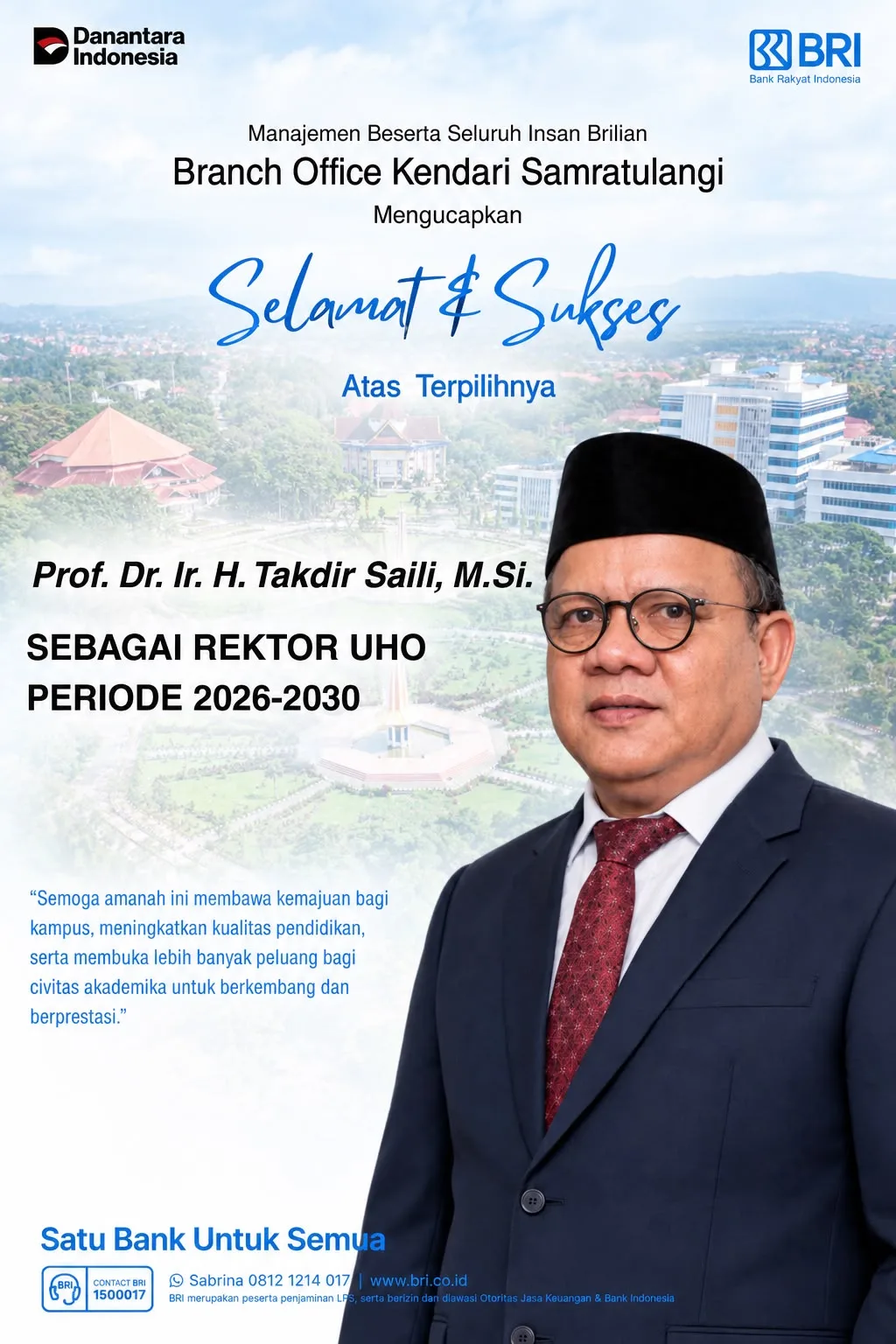 Selamat & Sukses Rektor Baru UHO Prof Takdir Saili